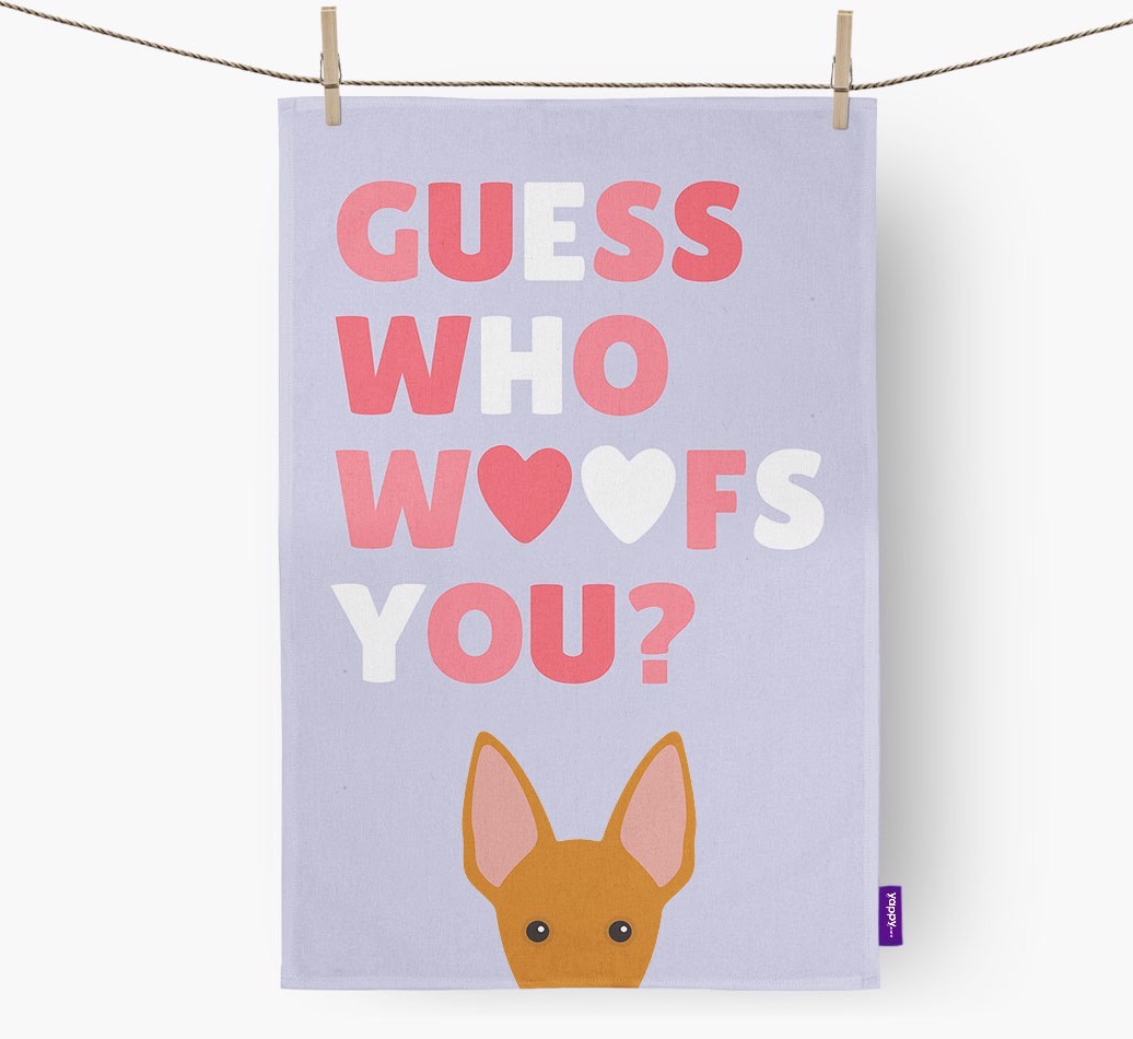 'Guess Who Woofs You?' Dish Towel with {breedFullName} Icon