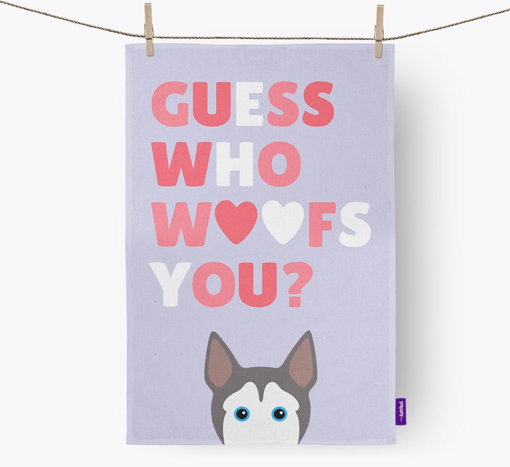 'Guess Who Woofs You?' Tea Towel with {breedFullName} Icon