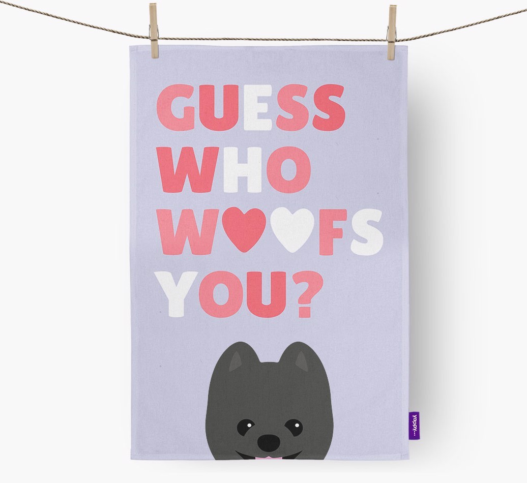 'Guess Who Woofs You?' Dish Towel with {breedFullName} Icon