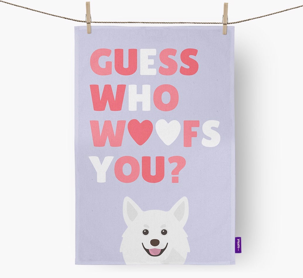 'Guess Who Woofs You?' Tea Towel with {breedFullName} Icon