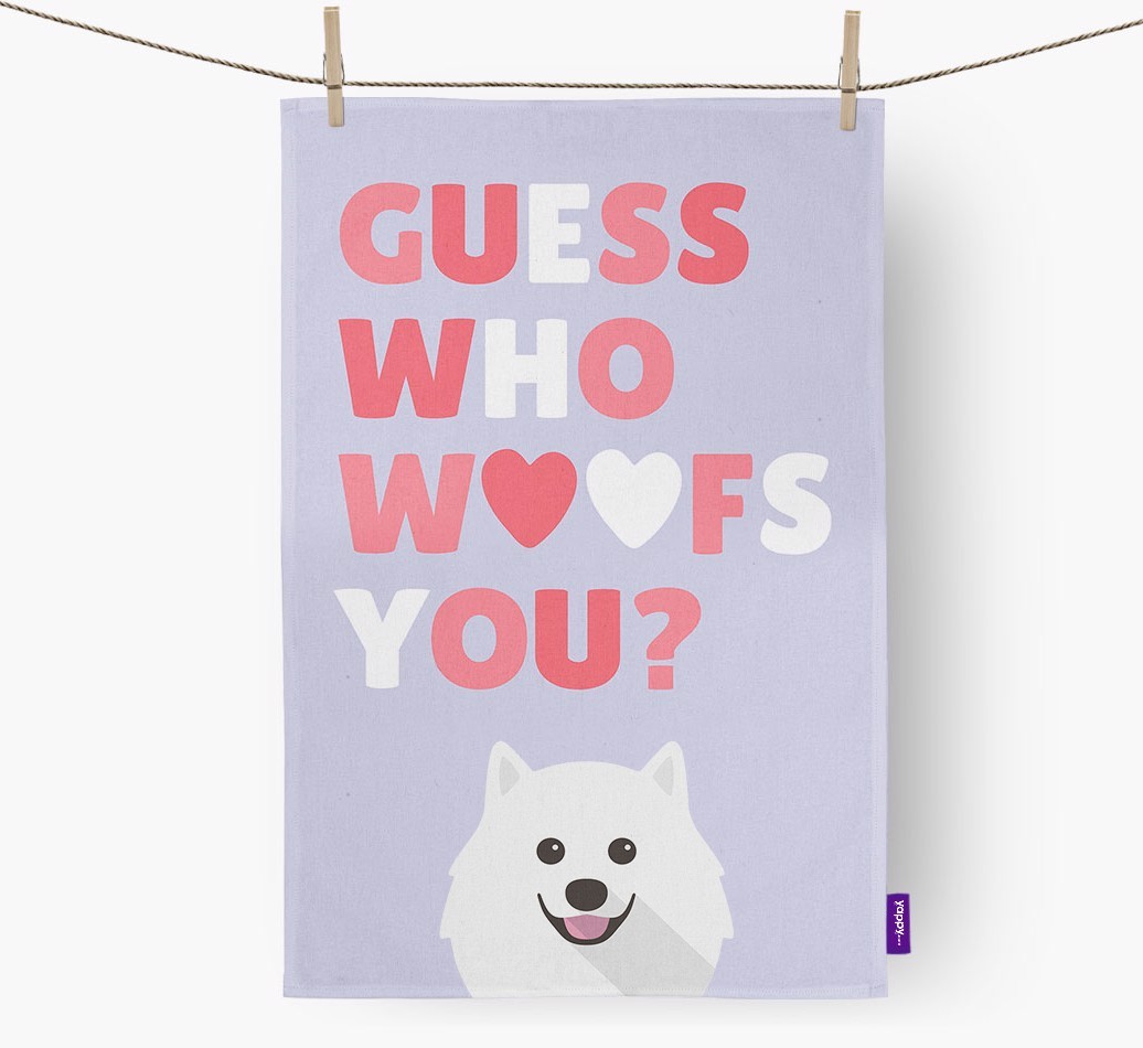 'Guess Who Woofs You?' Tea Towel with {breedFullName} Icon