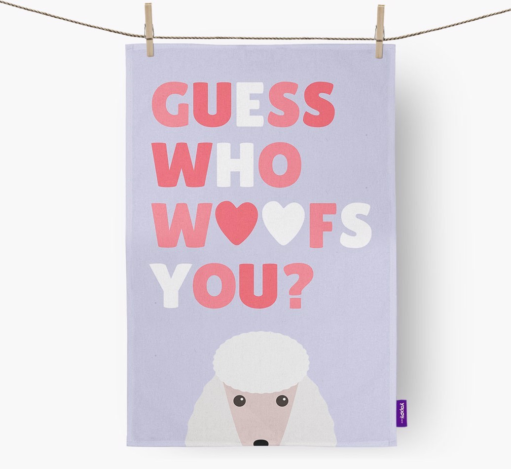 'Guess Who Woofs You?' Tea Towel with {breedFullName} Icon
