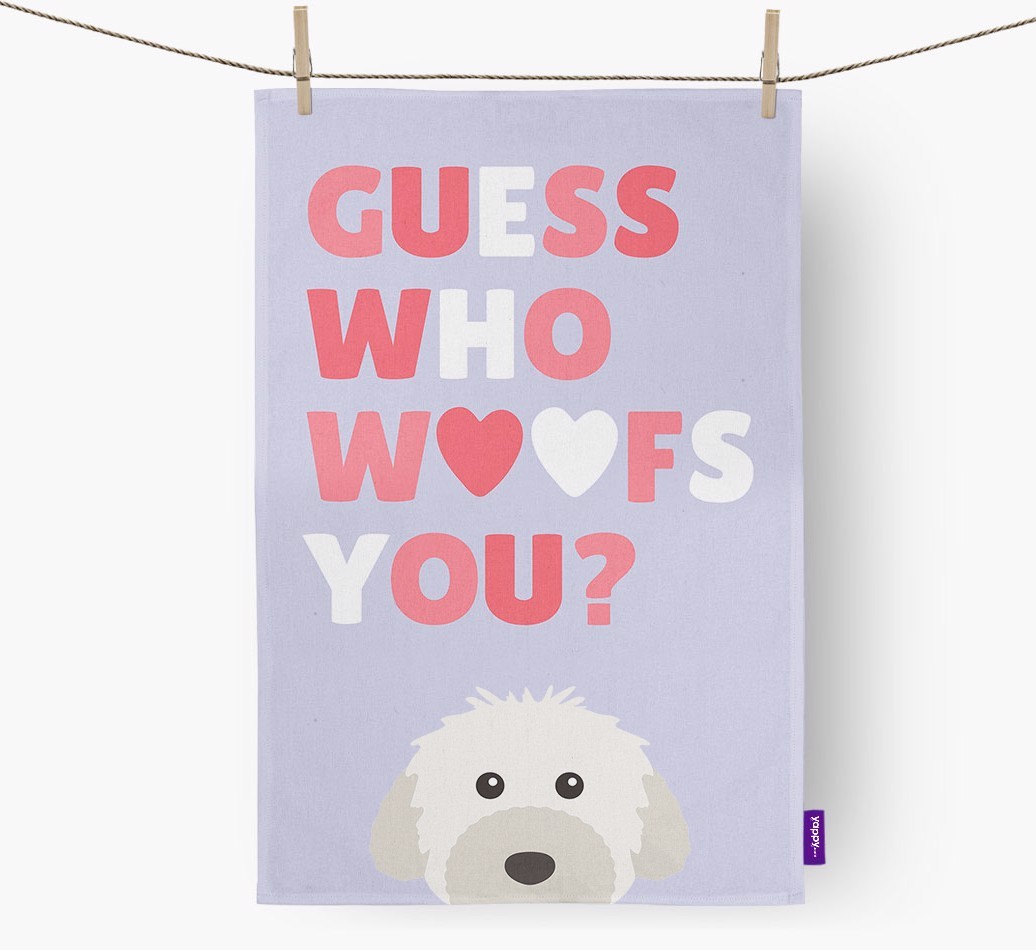 'Guess Who Woofs You?' Tea Towel with {breedFullName} Icon