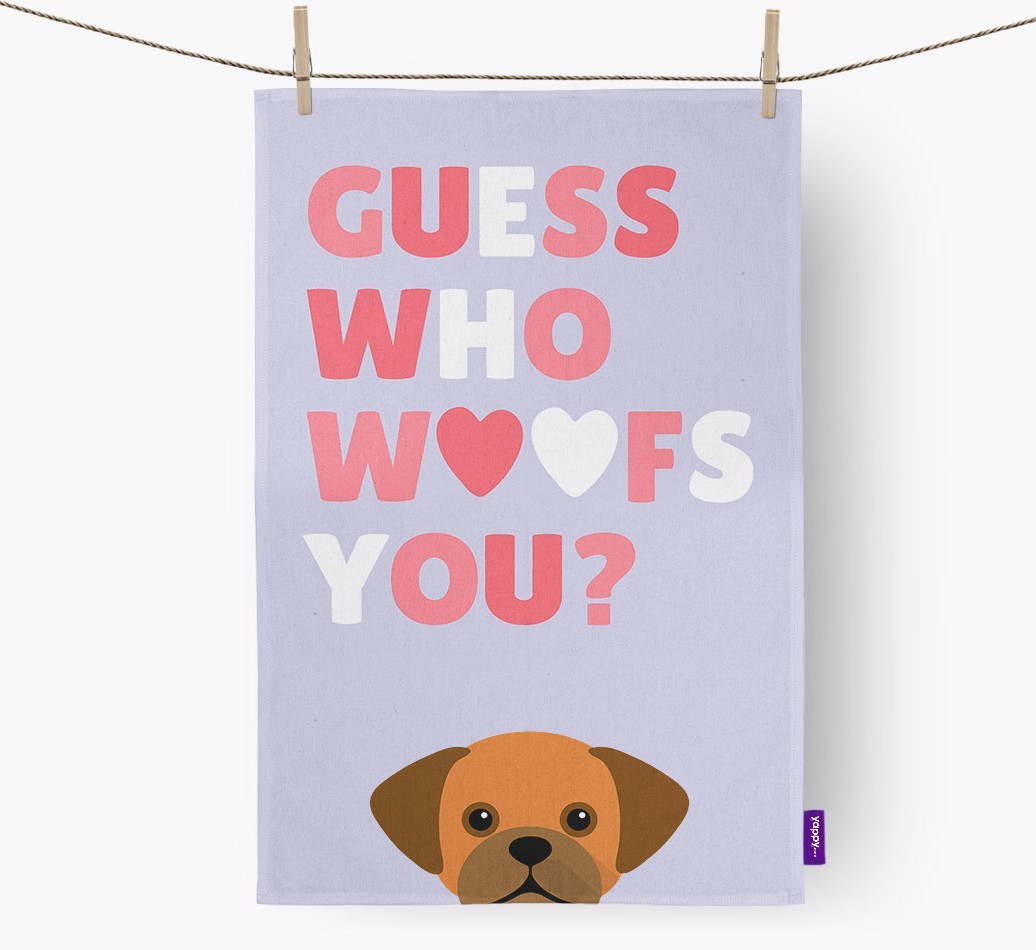 'Guess Who Woofs You?' Tea Towel with {breedFullName} Icon