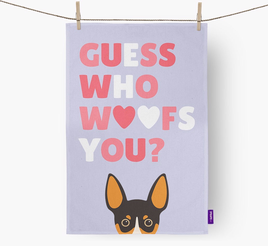 'Guess Who Woofs You?' Tea Towel with {breedFullName} Icon