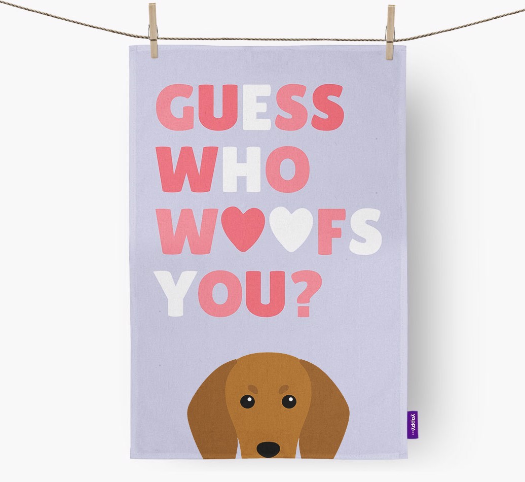 'Guess Who Woofs You?' Tea Towel with {breedFullName} Icon