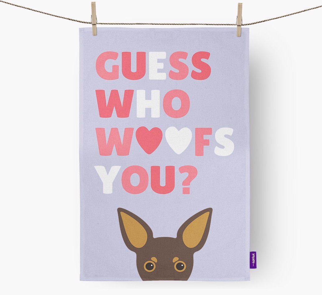 'Guess Who Woofs You?' Tea Towel with {breedFullName} Icon