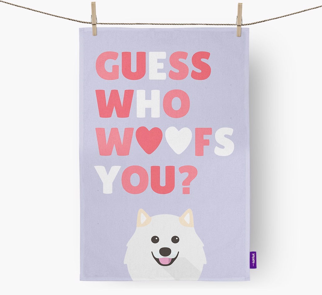 'Guess Who Woofs You?' Tea Towel with {breedFullName} Icon