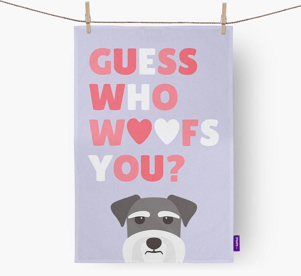 'Guess Who Woofs You?' Dish Towel with {breedFullName} Icon