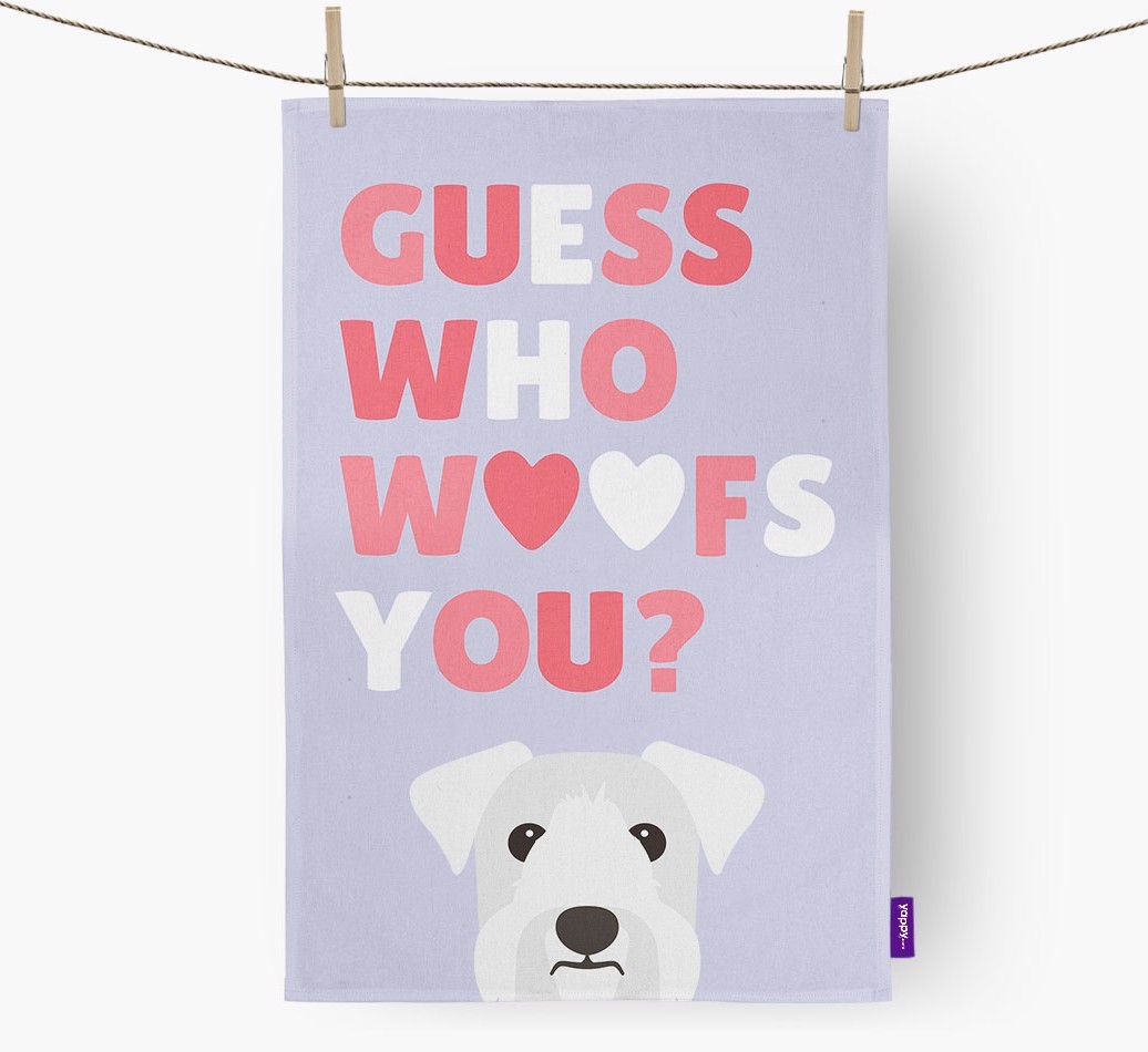 'Guess Who Woofs You?' Dish Towel with {breedFullName} Icon