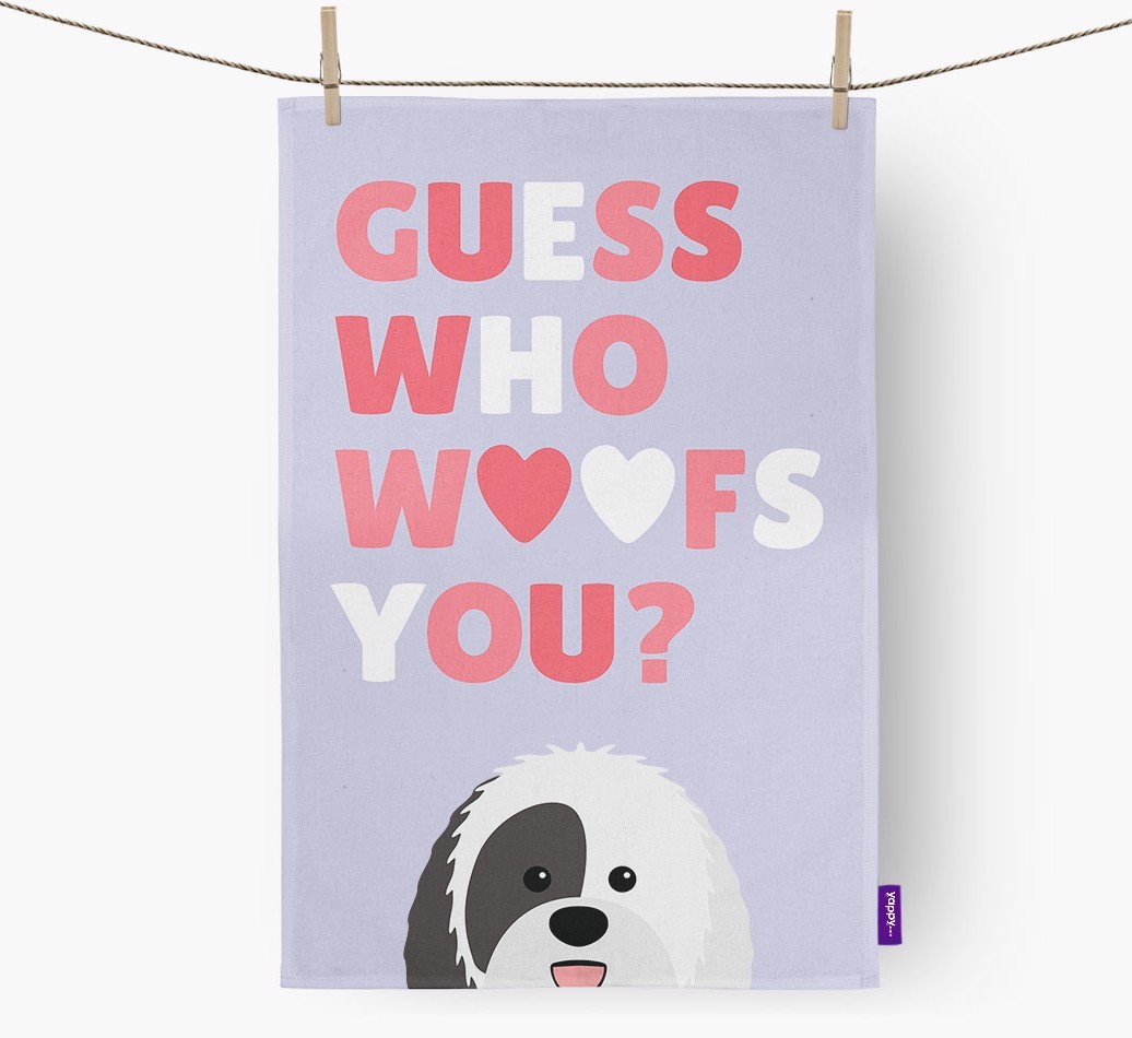 'Guess Who Woofs You?' Tea Towel with {breedFullName} Icon