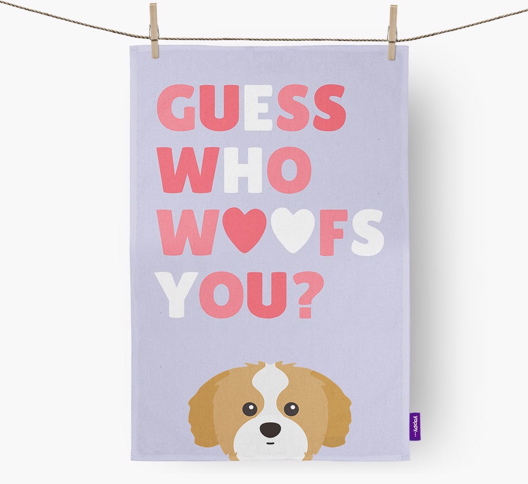 'Guess Who Woofs You?' Tea Towel with {breedFullName} Icon