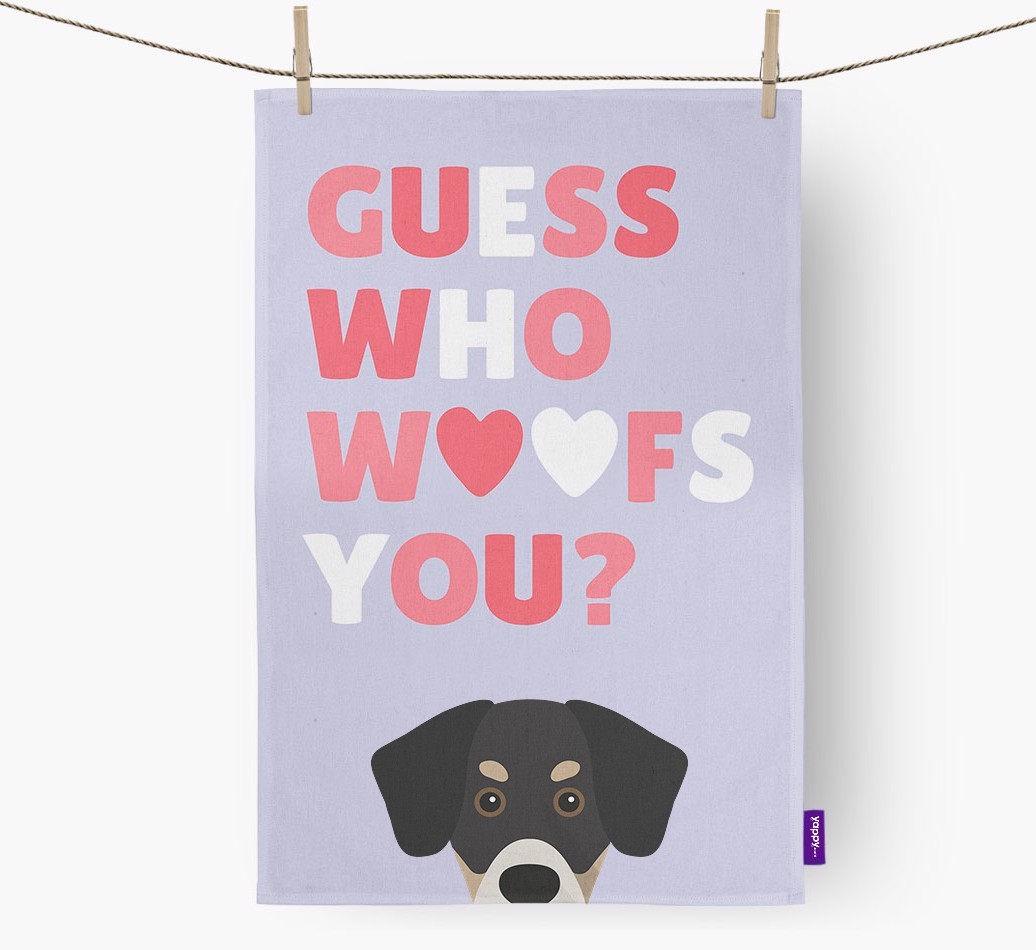 'Guess Who Woofs You?' Tea Towel with {breedFullName} Icon