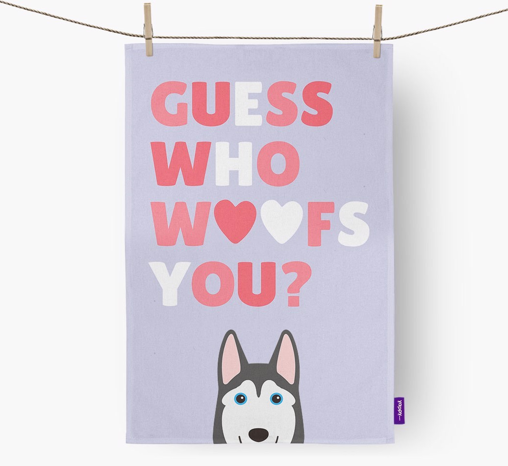 'Guess Who Woofs You?' Tea Towel with {breedFullName} Icon