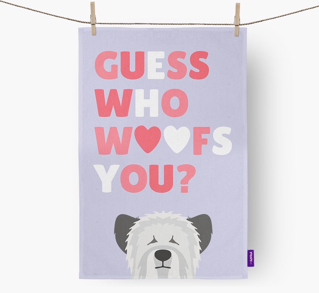'Guess Who Woofs You?' Tea Towel with {breedFullName} Icon