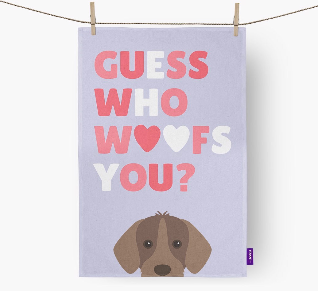 'Guess Who Woofs You?' Tea Towel with {breedFullName} Icon