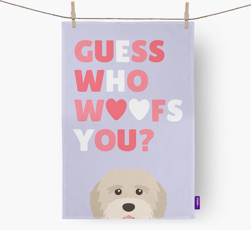 'Guess Who Woofs You?' Tea Towel with {breedFullName} Icon