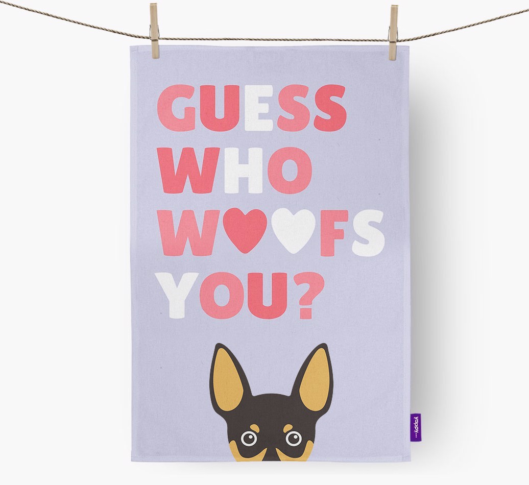 'Guess Who Woofs You?' Tea Towel with {breedFullName} Icon