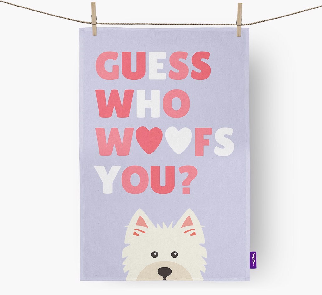 'Guess Who Woofs You?' Tea Towel with {breedFullName} Icon