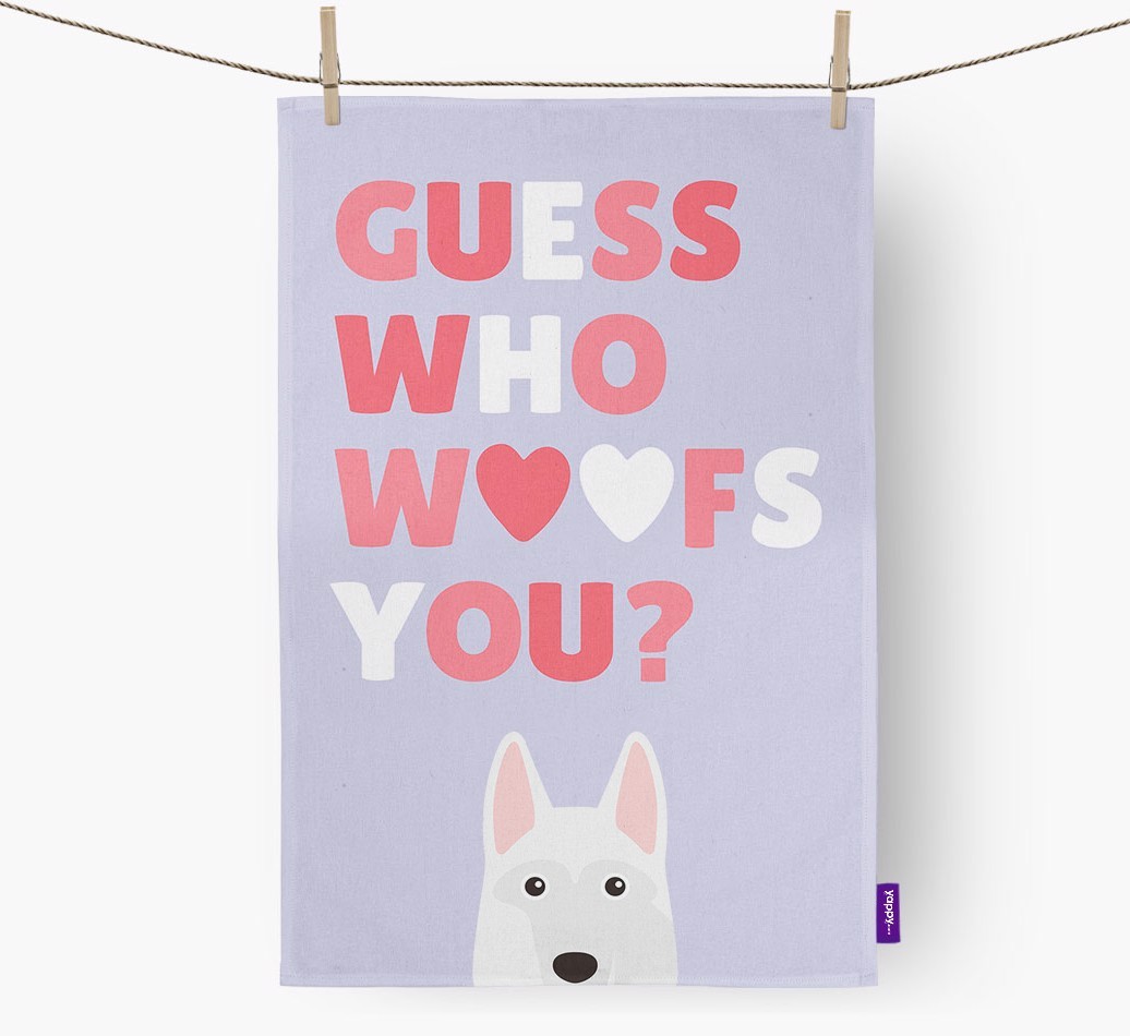 'Guess Who Woofs You?' Tea Towel with {breedFullName} Icon