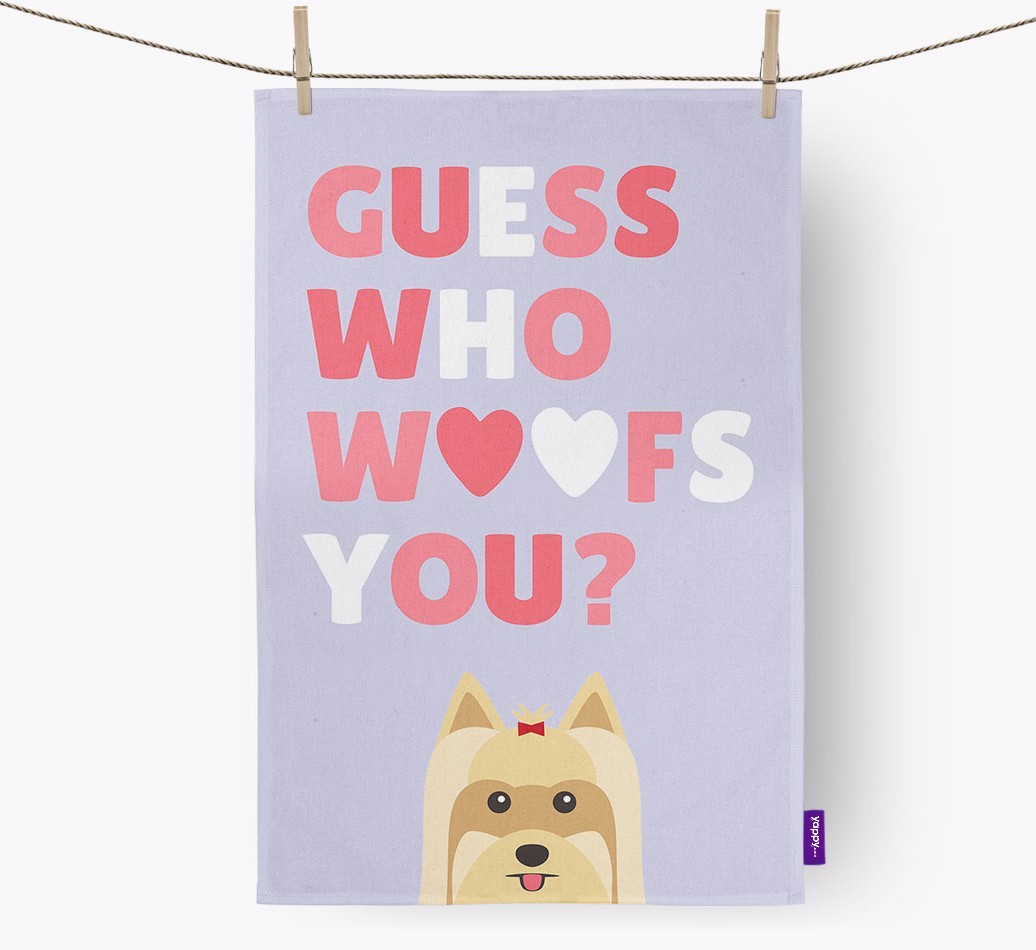 'Guess Who Woofs You?' Tea Towel with {breedFullName} Icon