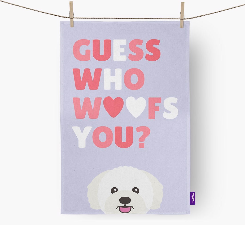 'Guess Who Woofs You?' Tea Towel with {breedFullName} Icon