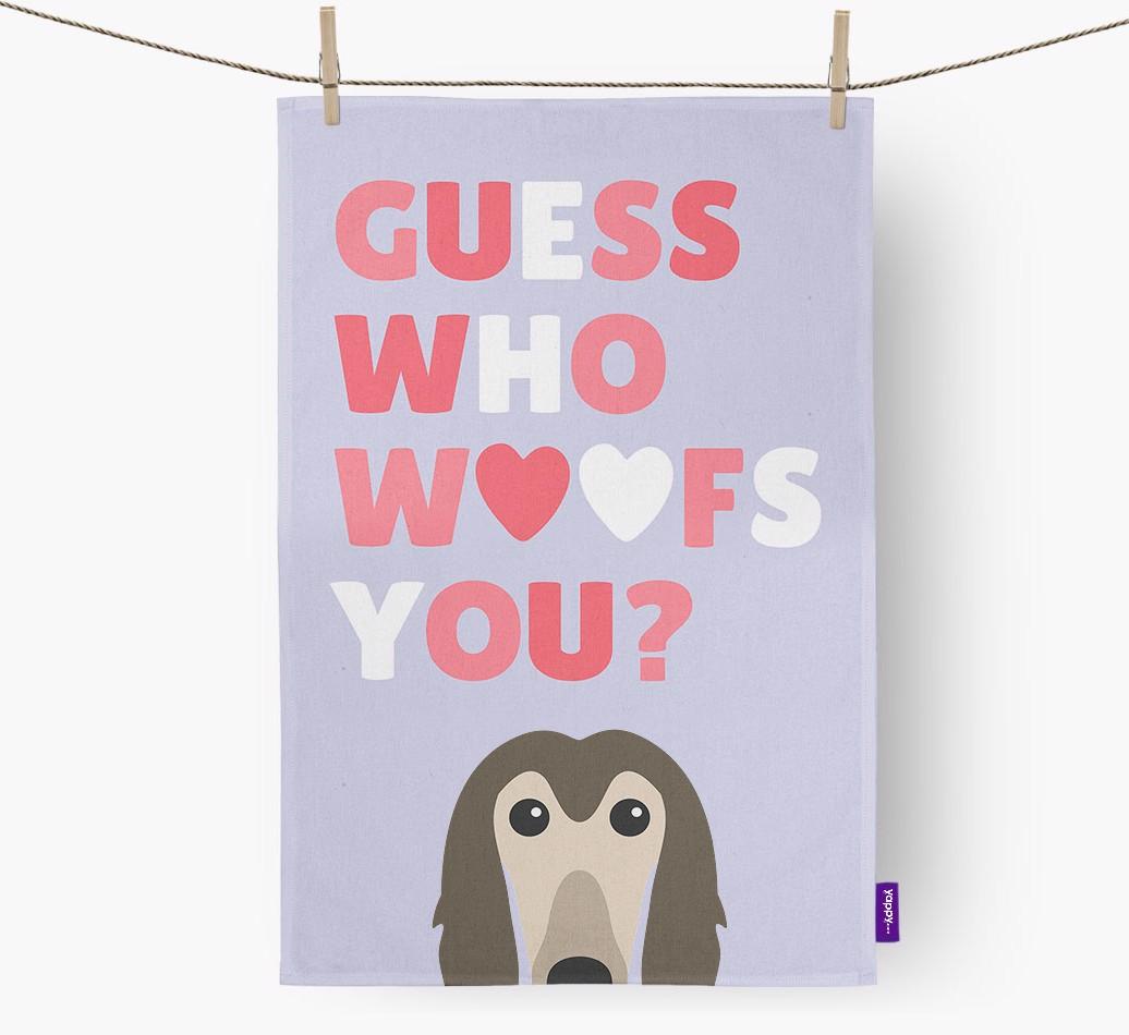 'Guess Who Woofs You?' Dish Towel with {breedFullName} Icon