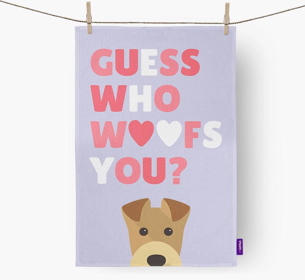 'Guess Who Woofs You?' Dish Towel with {breedFullName} Icon