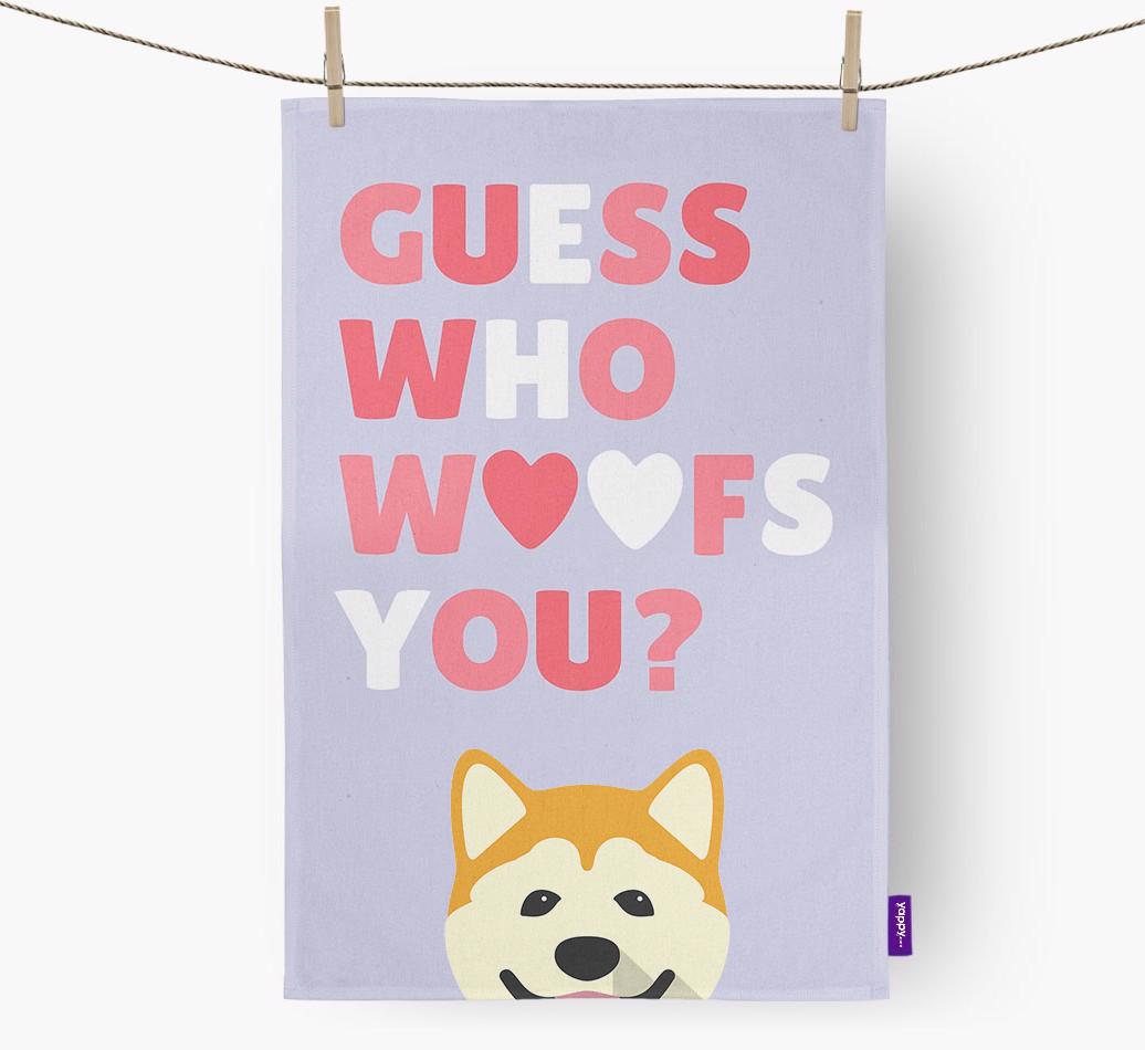 'Guess Who Woofs You?' Dish Towel with {breedFullName} Icon