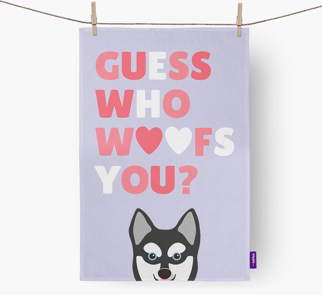 'Guess Who Woofs You?' Dish Towel with {breedFullName} Icon