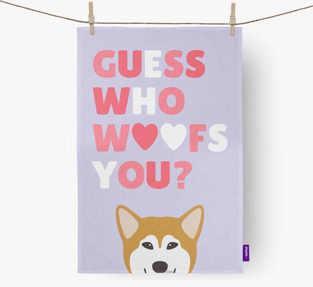 'Guess Who Woofs You?' Dish Towel with {breedFullName} Icon