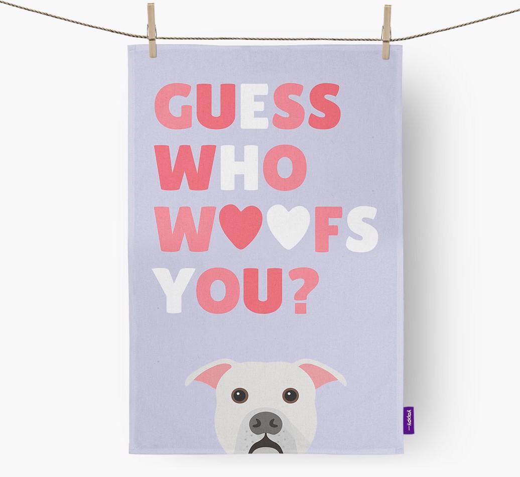 'Guess Who Woofs You?' Dish Towel with {breedFullName} Icon