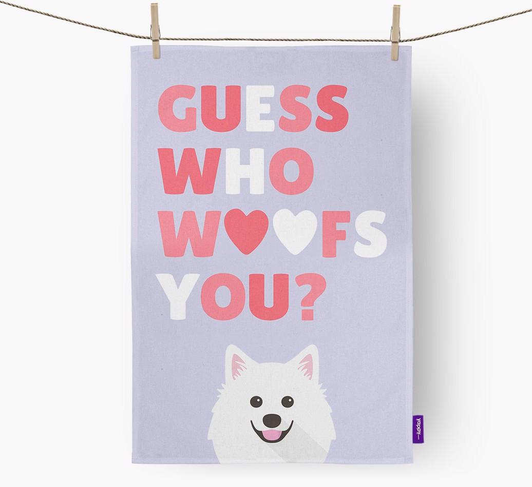 'Guess Who Woofs You?' Dish Towel with {breedFullName} Icon