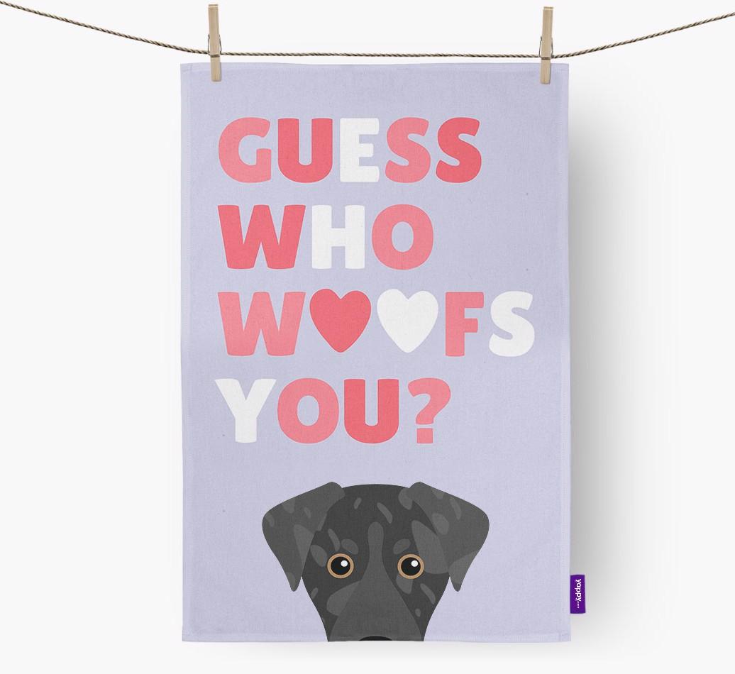 'Guess Who Woofs You?' Dish Towel with {breedFullName} Icon