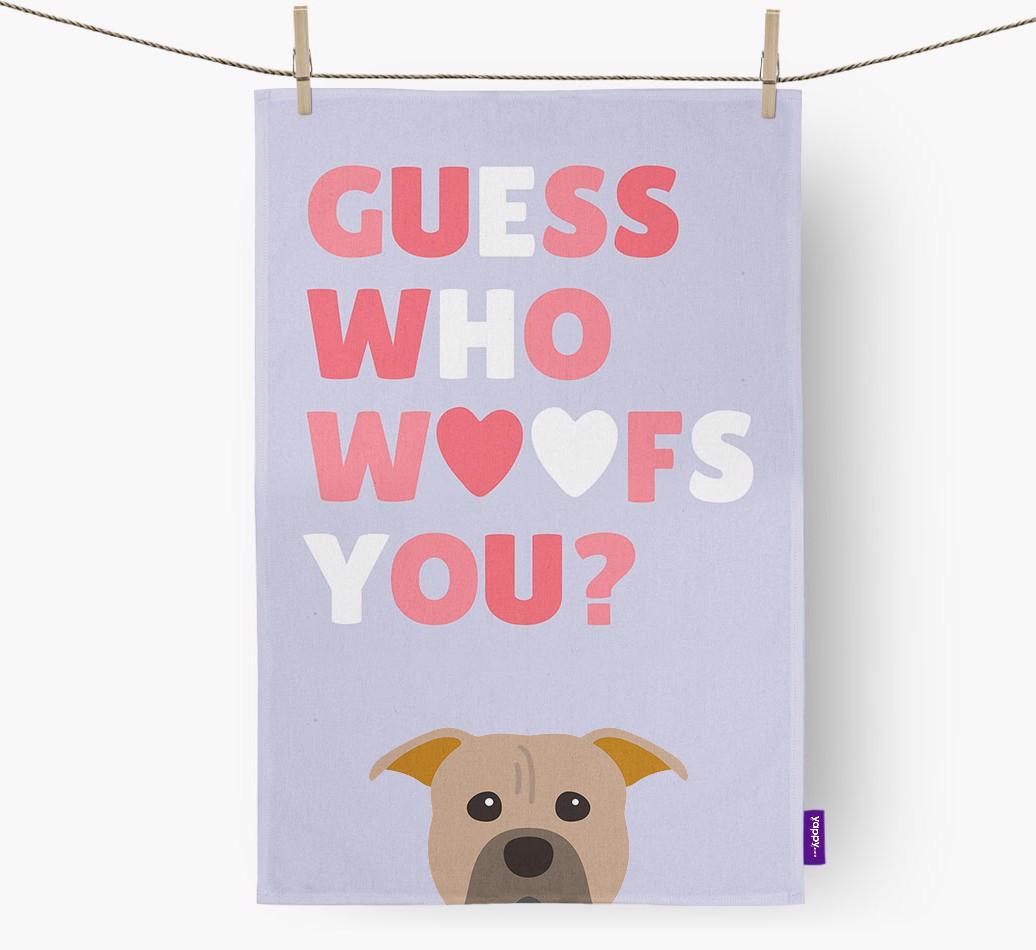 'Guess Who Woofs You?' Dish Towel with {breedFullName} Icon