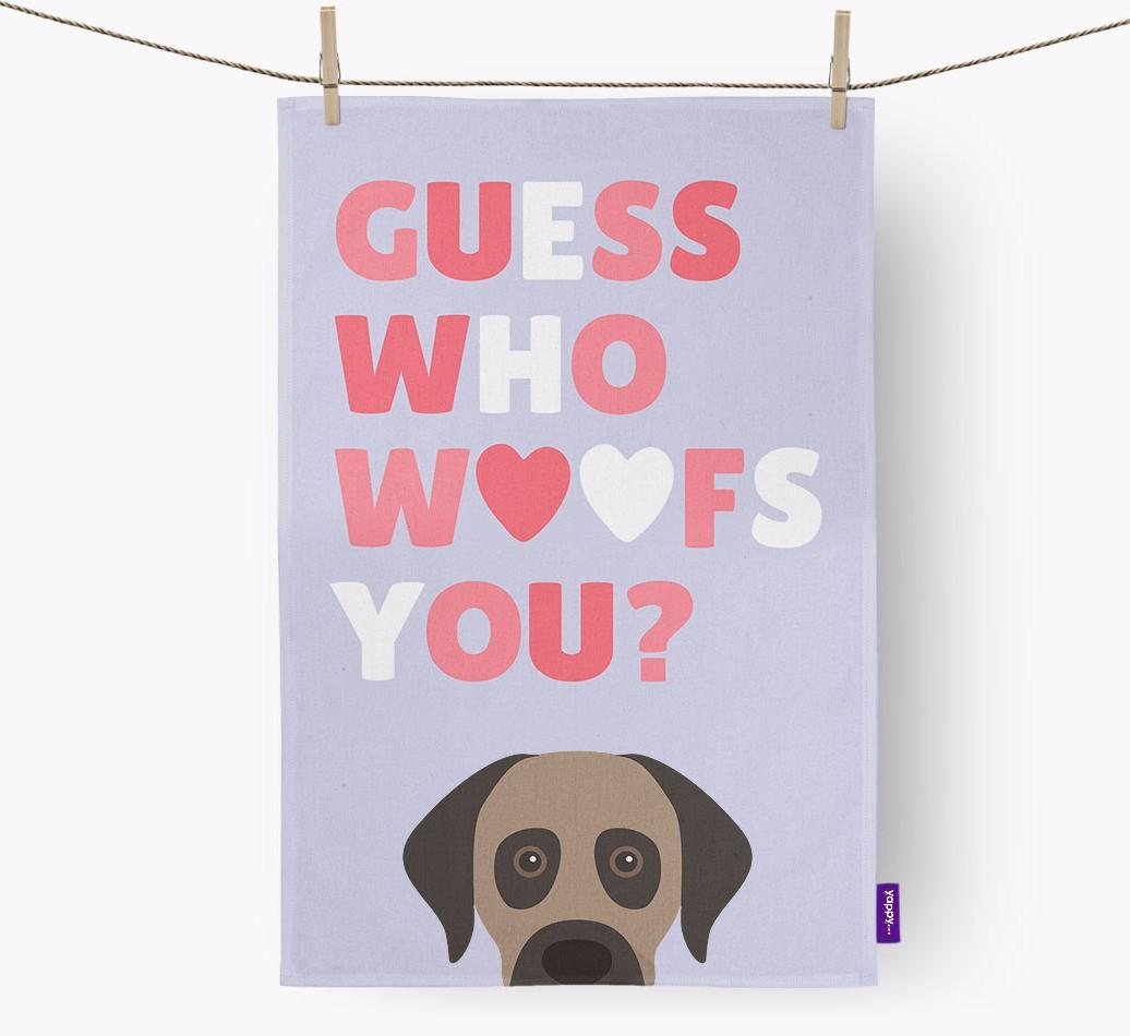 'Guess Who Woofs You?' Dish Towel with {breedFullName} Icon