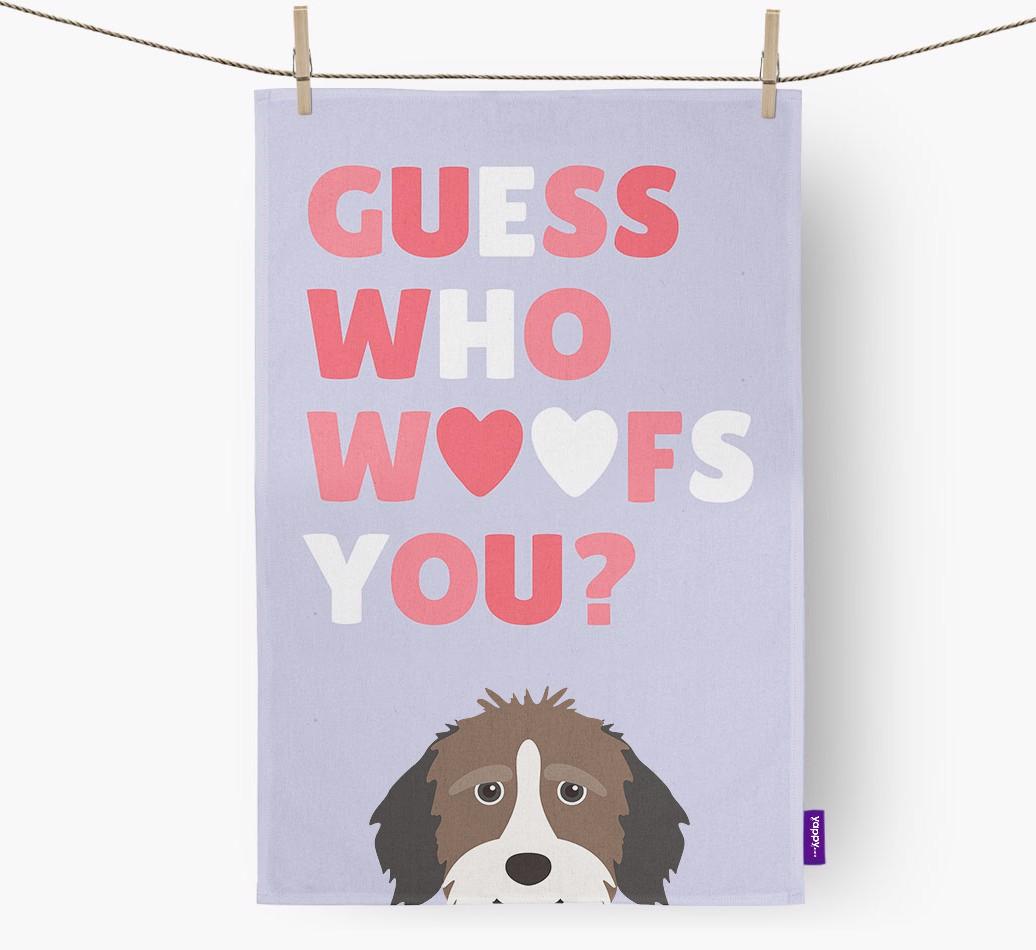 'Guess Who Woofs You?' Dish Towel with {breedFullName} Icon