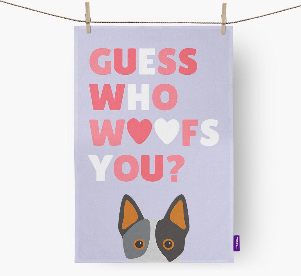 'Guess Who Woofs You?' Dish Towel with {breedFullName} Icon