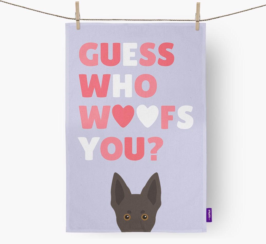 'Guess Who Woofs You?' Dish Towel with {breedFullName} Icon
