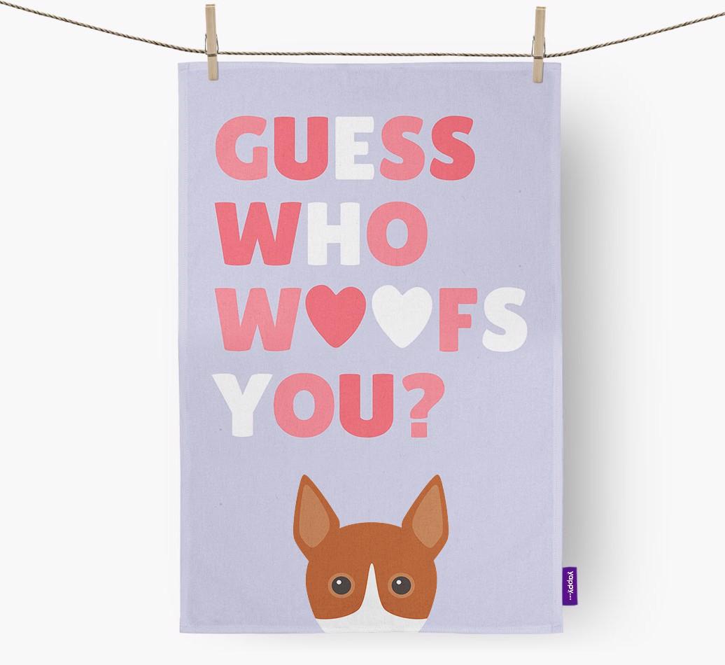 'Guess Who Woofs You?' Dish Towel with {breedFullName} Icon