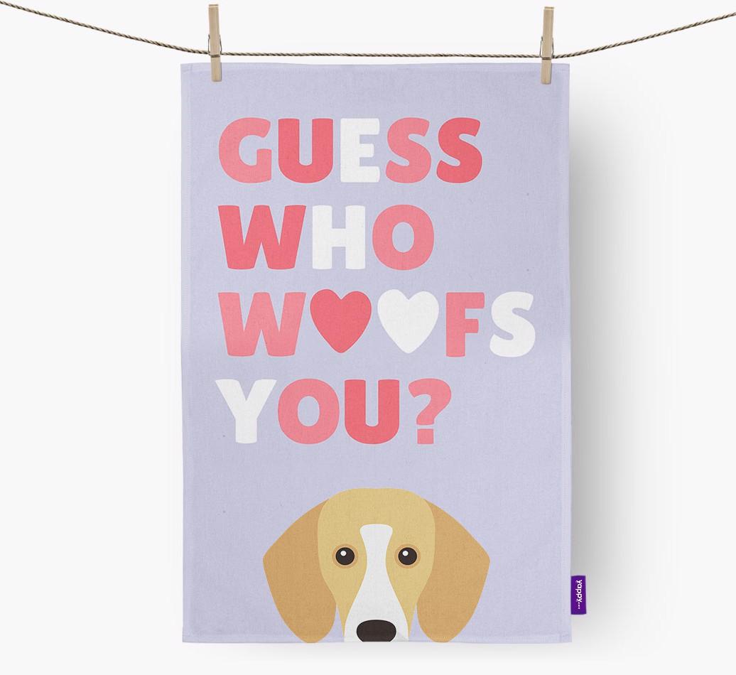 'Guess Who Woofs You?' Dish Towel with {breedFullName} Icon