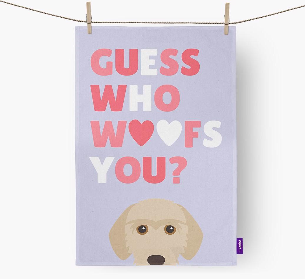 'Guess Who Woofs You?' Dish Towel with {breedFullName} Icon