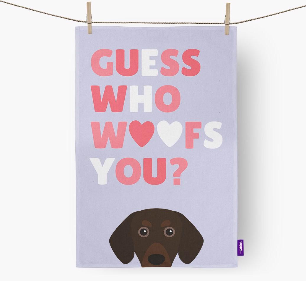 'Guess Who Woofs You?' Dish Towel with {breedFullName} Icon