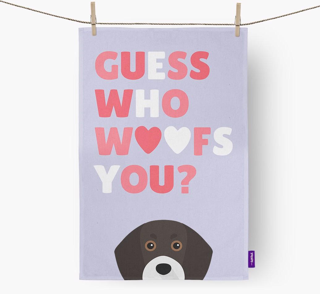 'Guess Who Woofs You?' Dish Towel with {breedFullName} Icon