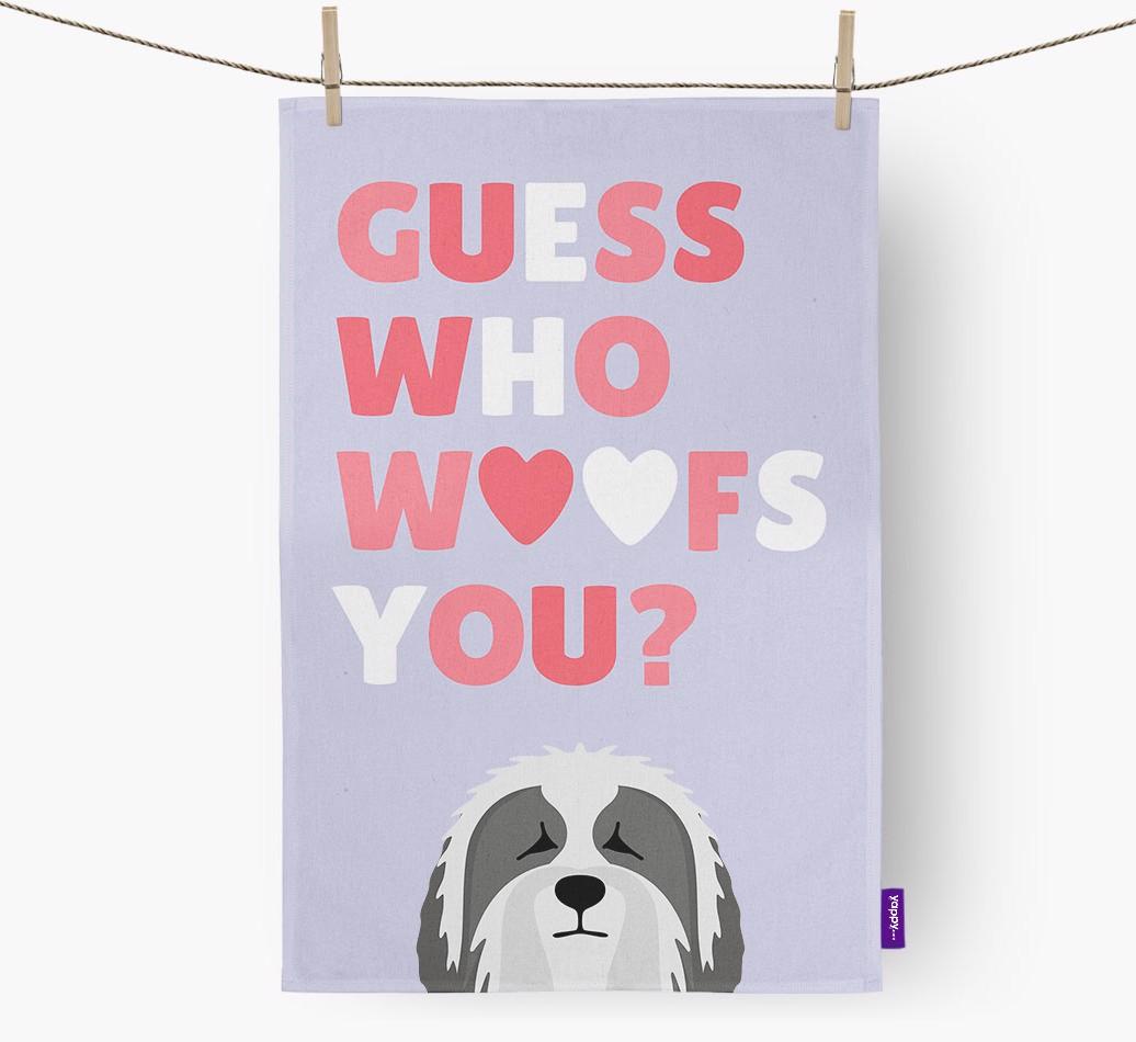 'Guess Who Woofs You?' Dish Towel with {breedFullName} Icon