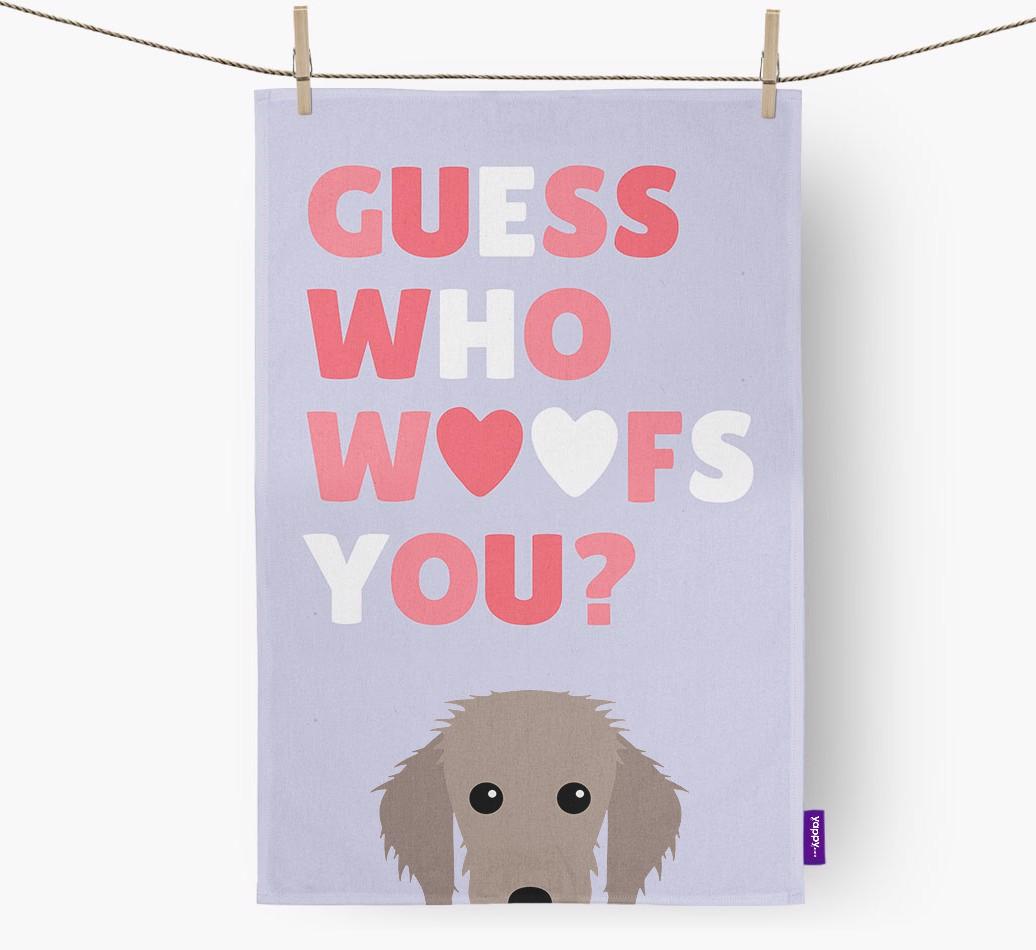 'Guess Who Woofs You?' Dish Towel with {breedFullName} Icon