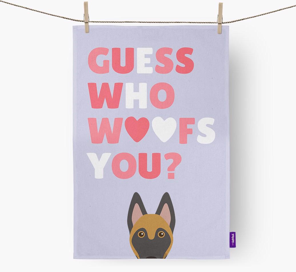 'Guess Who Woofs You?' Dish Towel with {breedFullName} Icon