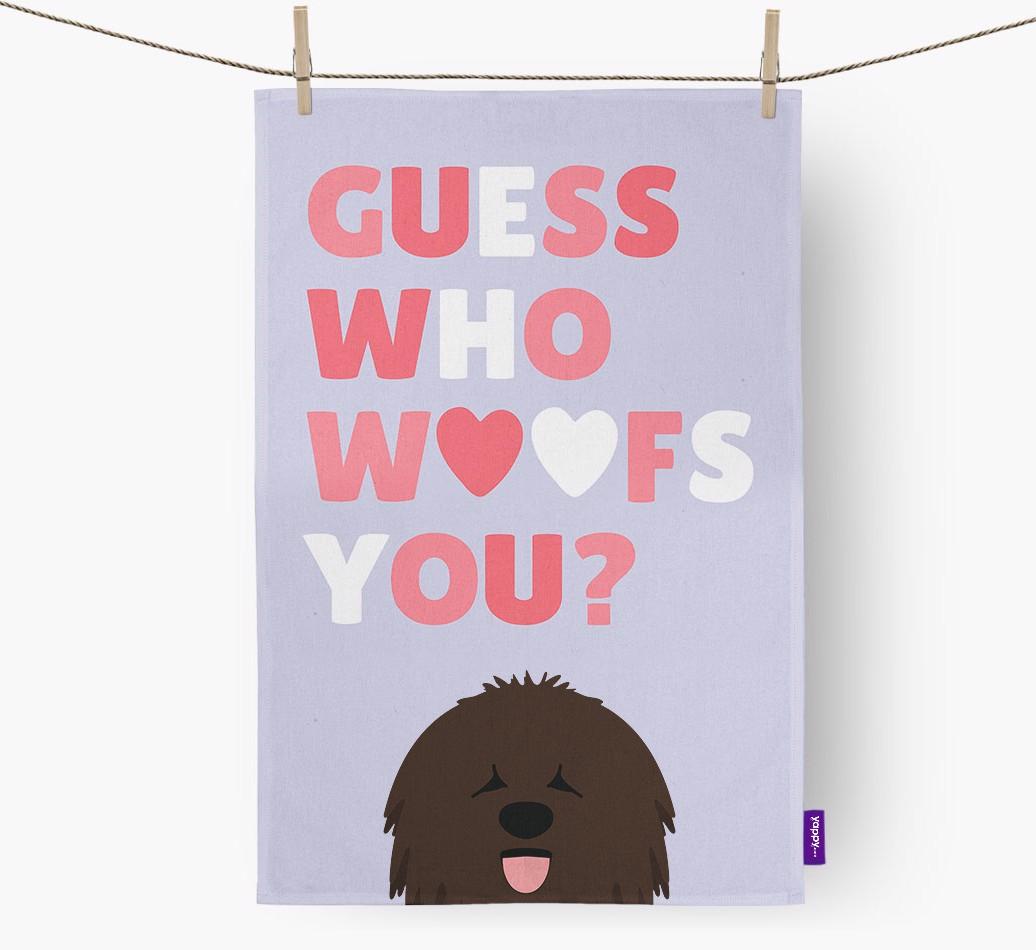 'Guess Who Woofs You?' Dish Towel with {breedFullName} Icon