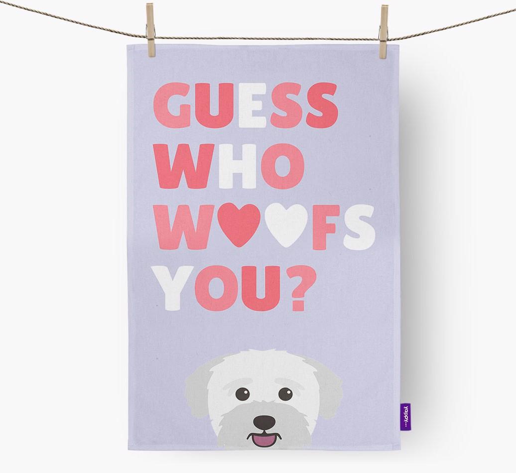 'Guess Who Woofs You?' Tea Towel with {breedFullName} Icon