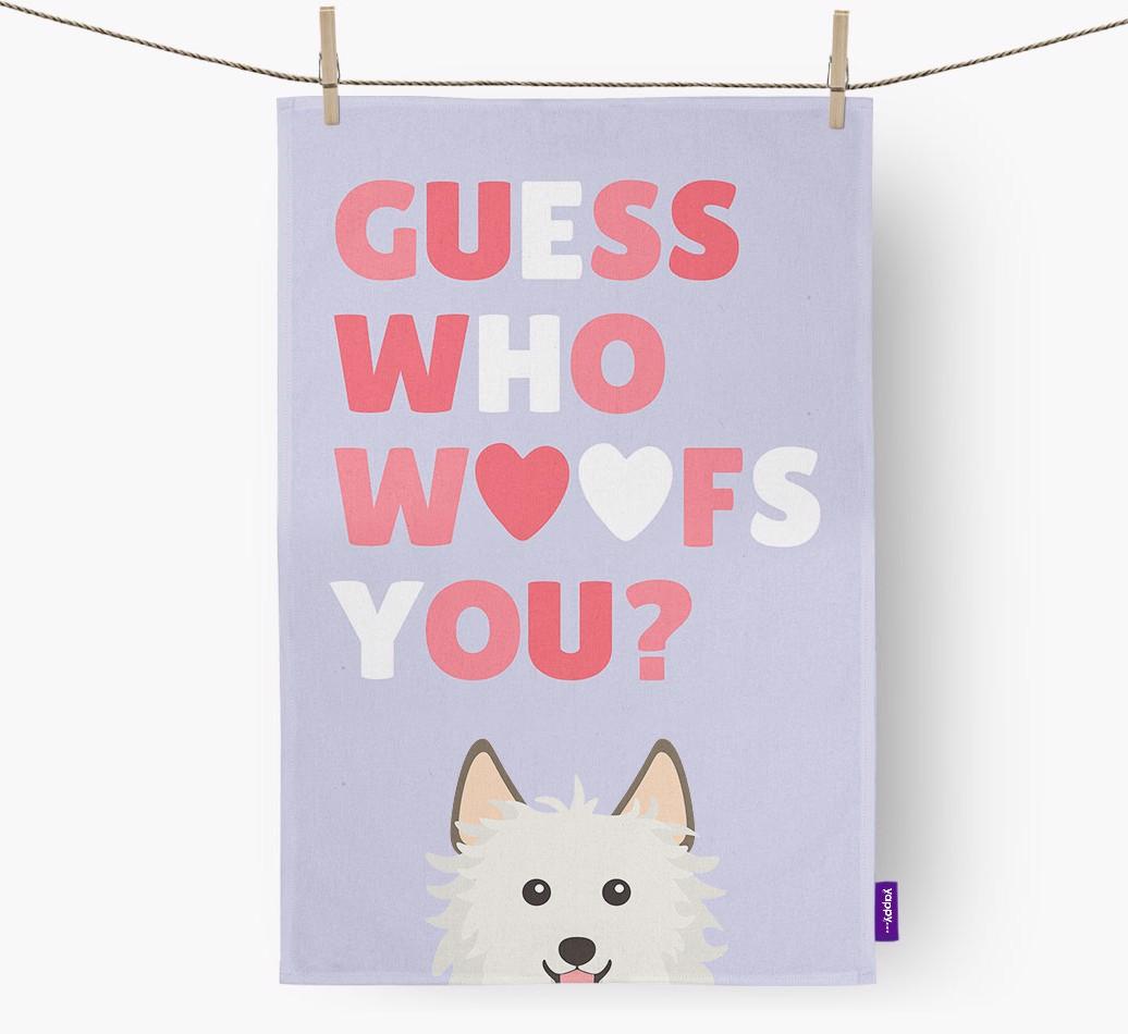 'Guess Who Woofs You?' Dish Towel with {breedFullName} Icon